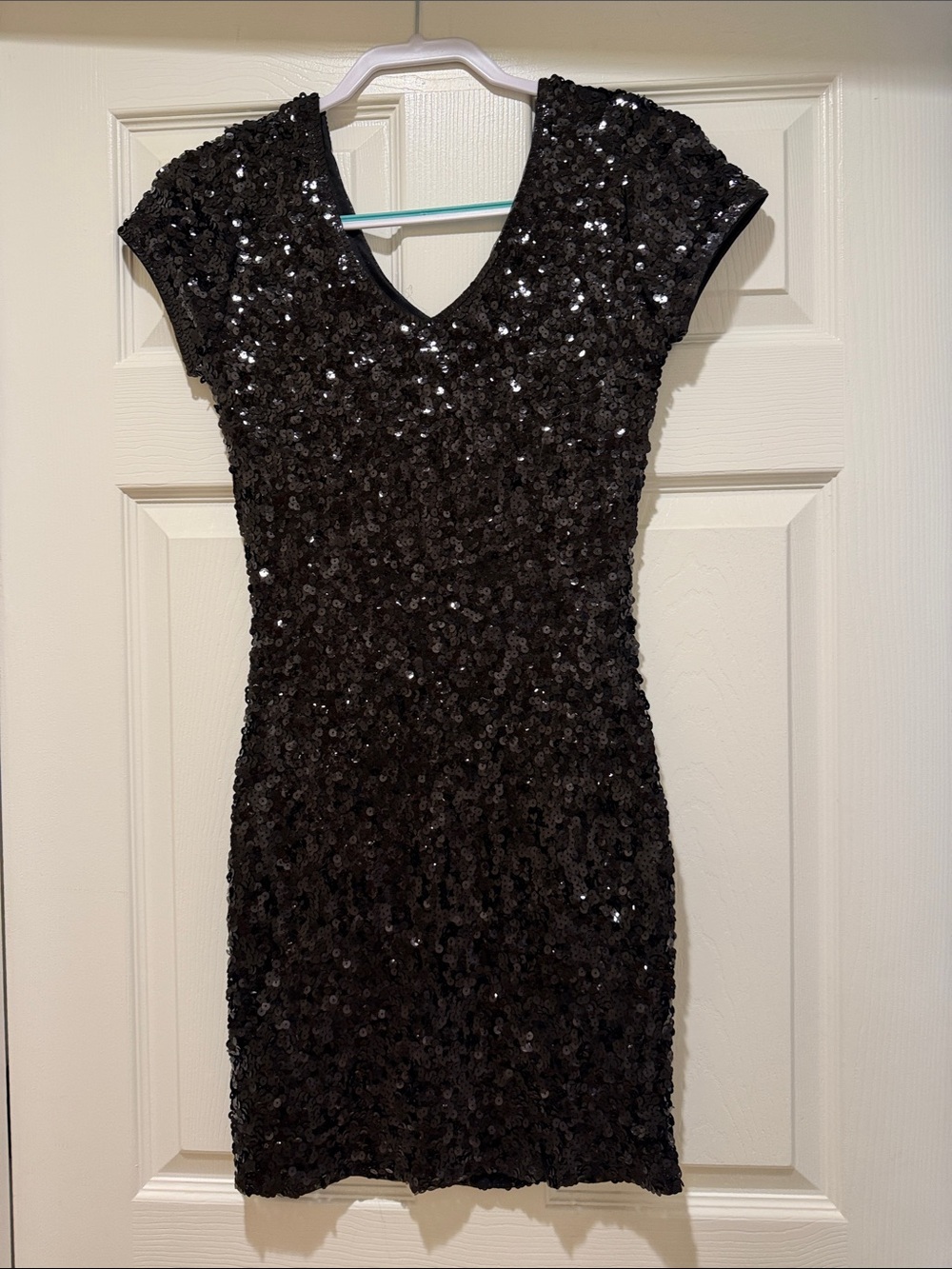 Black Sequin V-Neck Cap Sleeve Mini Dress